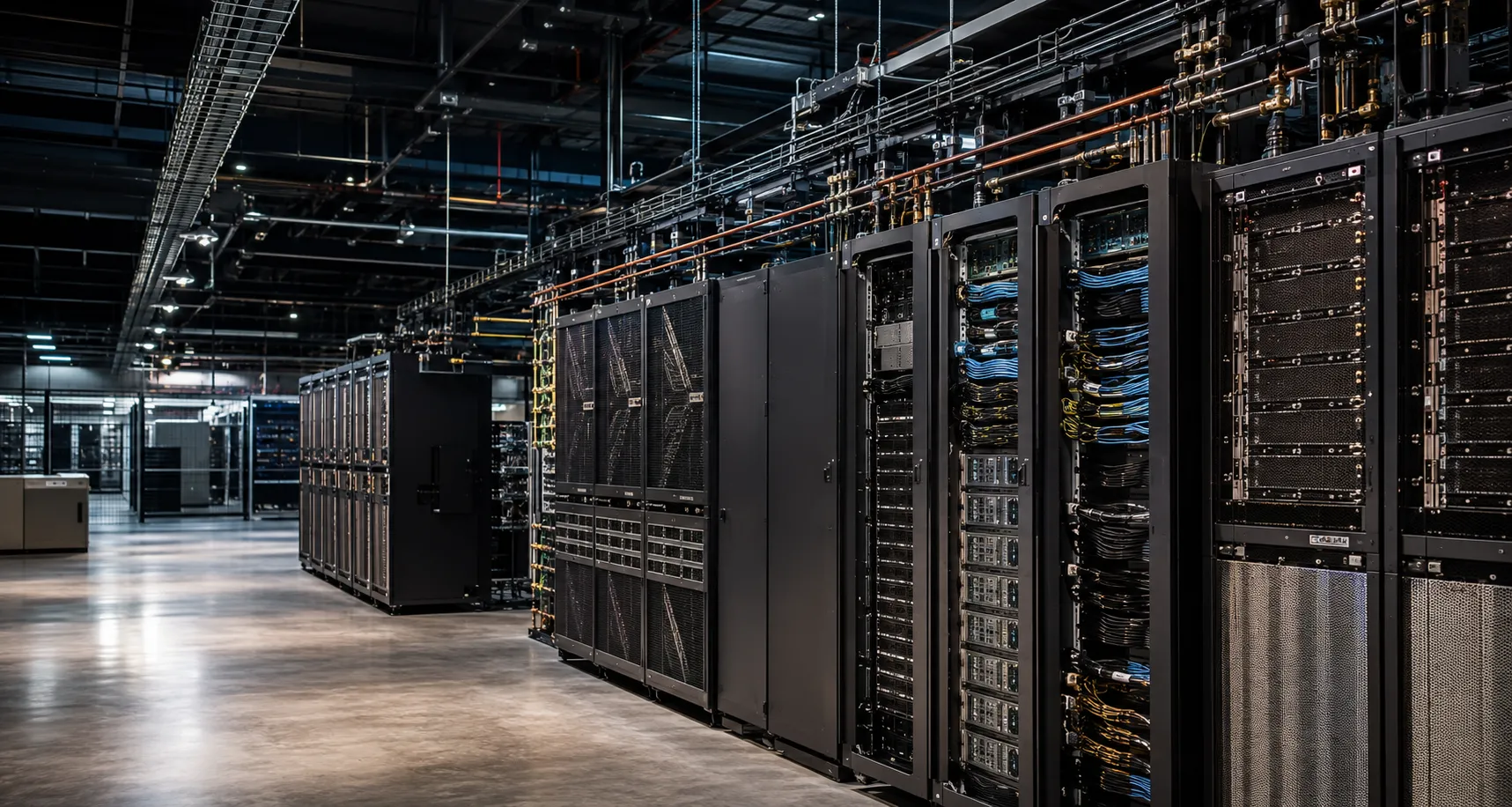 A wide interior view of accelerated-compute racks, network cabling, storage equipment, and cooling infrastructure in a modern data center.