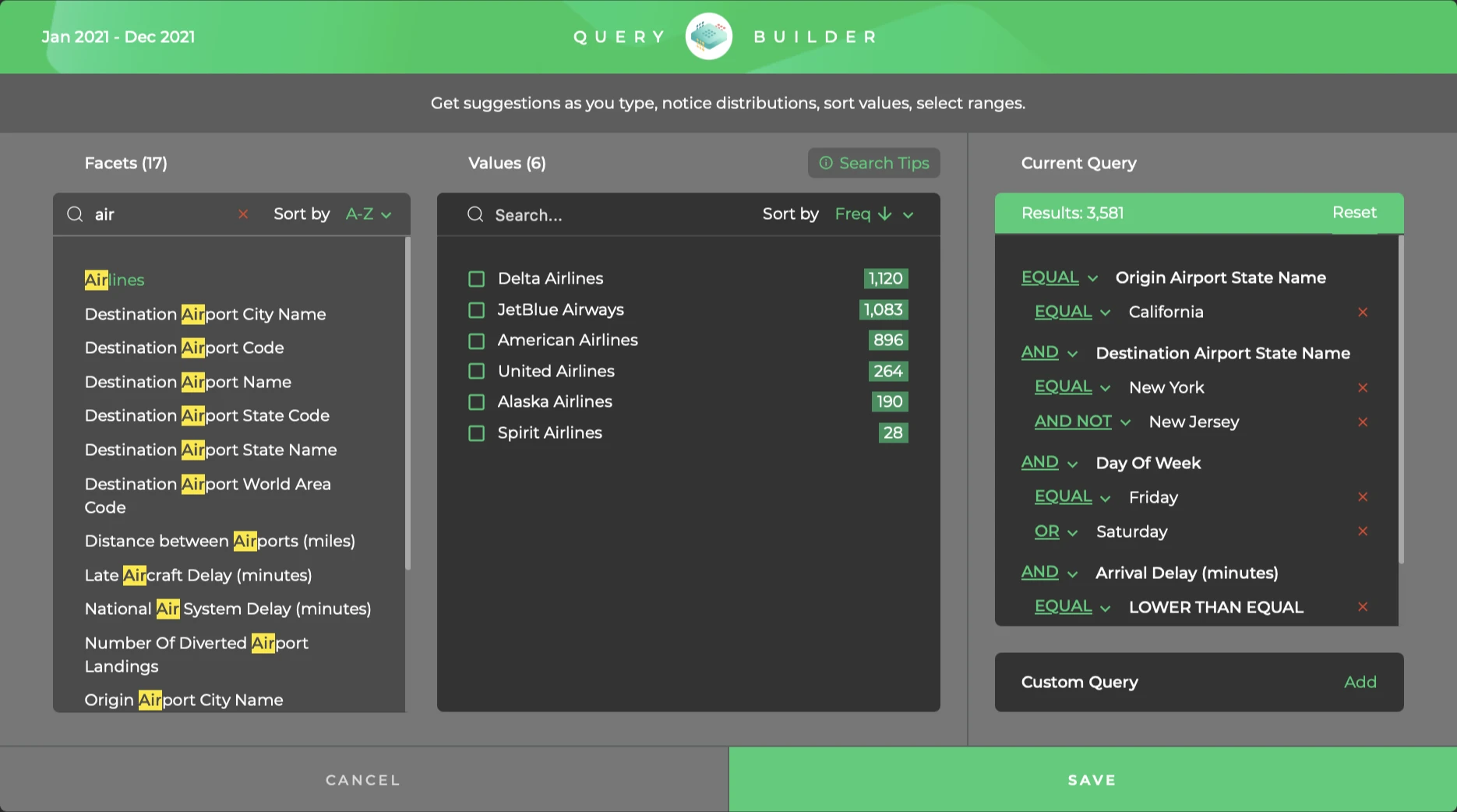Query Builder with facet search matches, selectable values, and combined Boolean and range criteria.