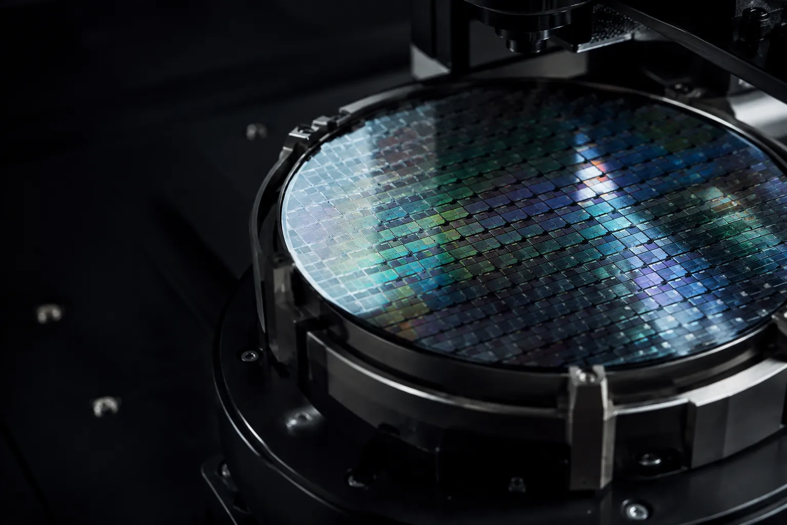 A silicon wafer with hundreds of individual rectangular dies positioned beneath precision inspection equipment.